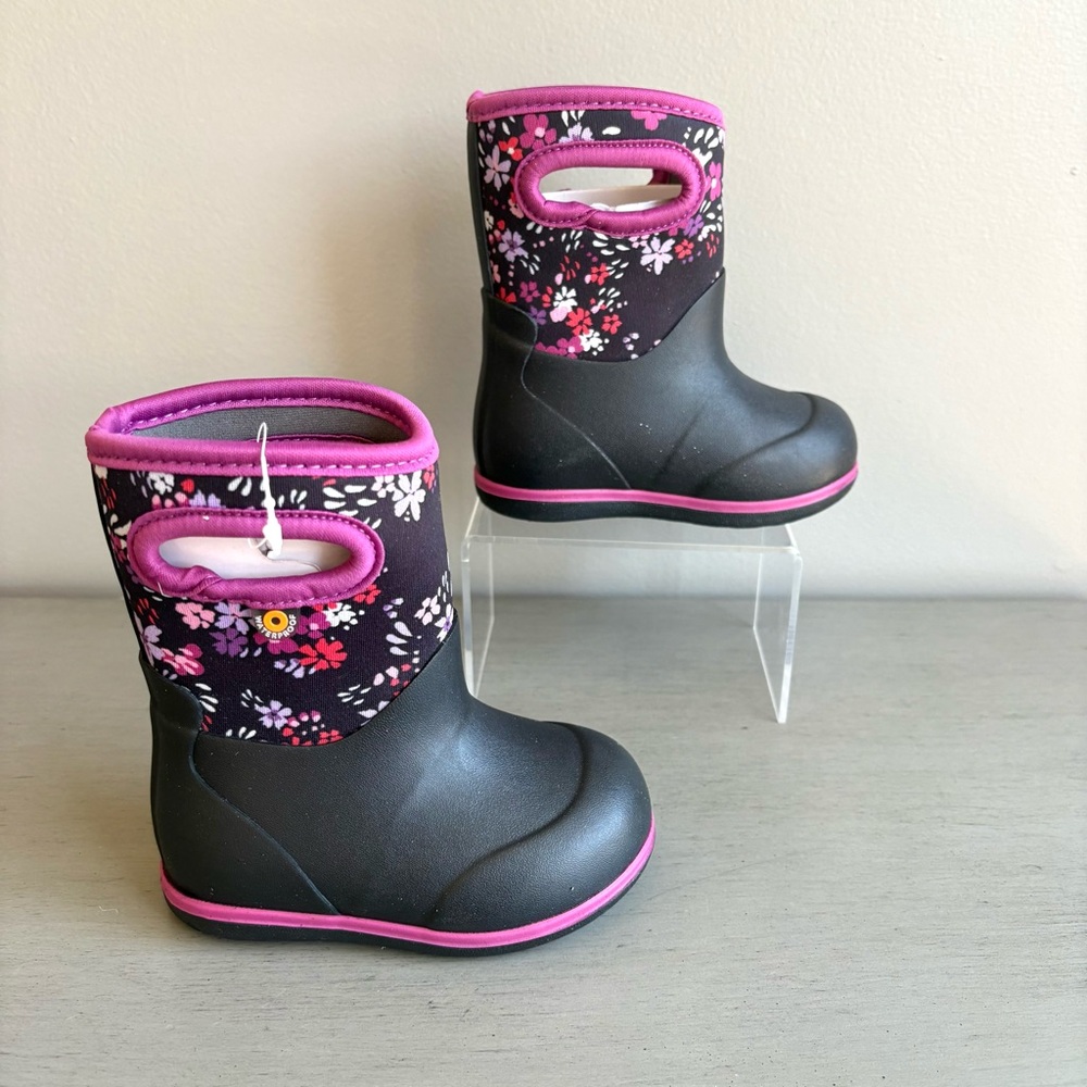 Bogs Kids Black Pink Floral Rain Snow Mud Play Boots Toddler 5T Waterproof  NEW - Picture 12 of 15